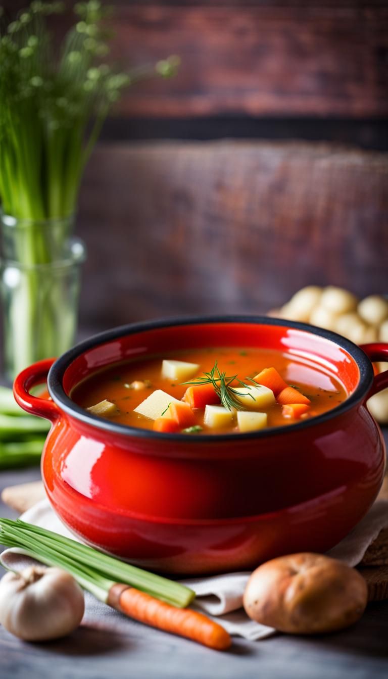 Steaming Vegetable Soup in Red Ceramic Pot