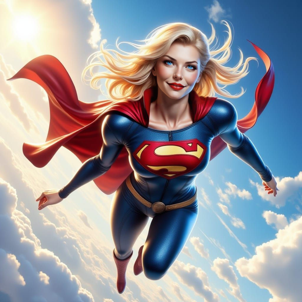 Supergirl Soars Through the Clear Sky in a Futuristic Aesthe...