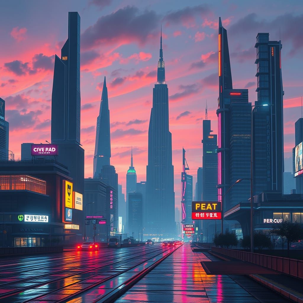 Futuristic Cityscape at Dusk in Cyberpunk Style