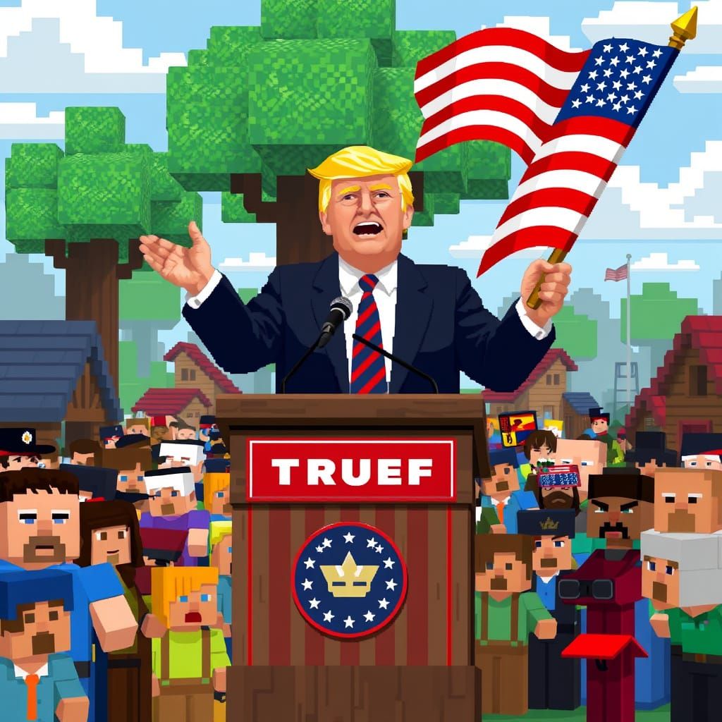 Donald Trump Rally in Minecraft, Pixel Art Style