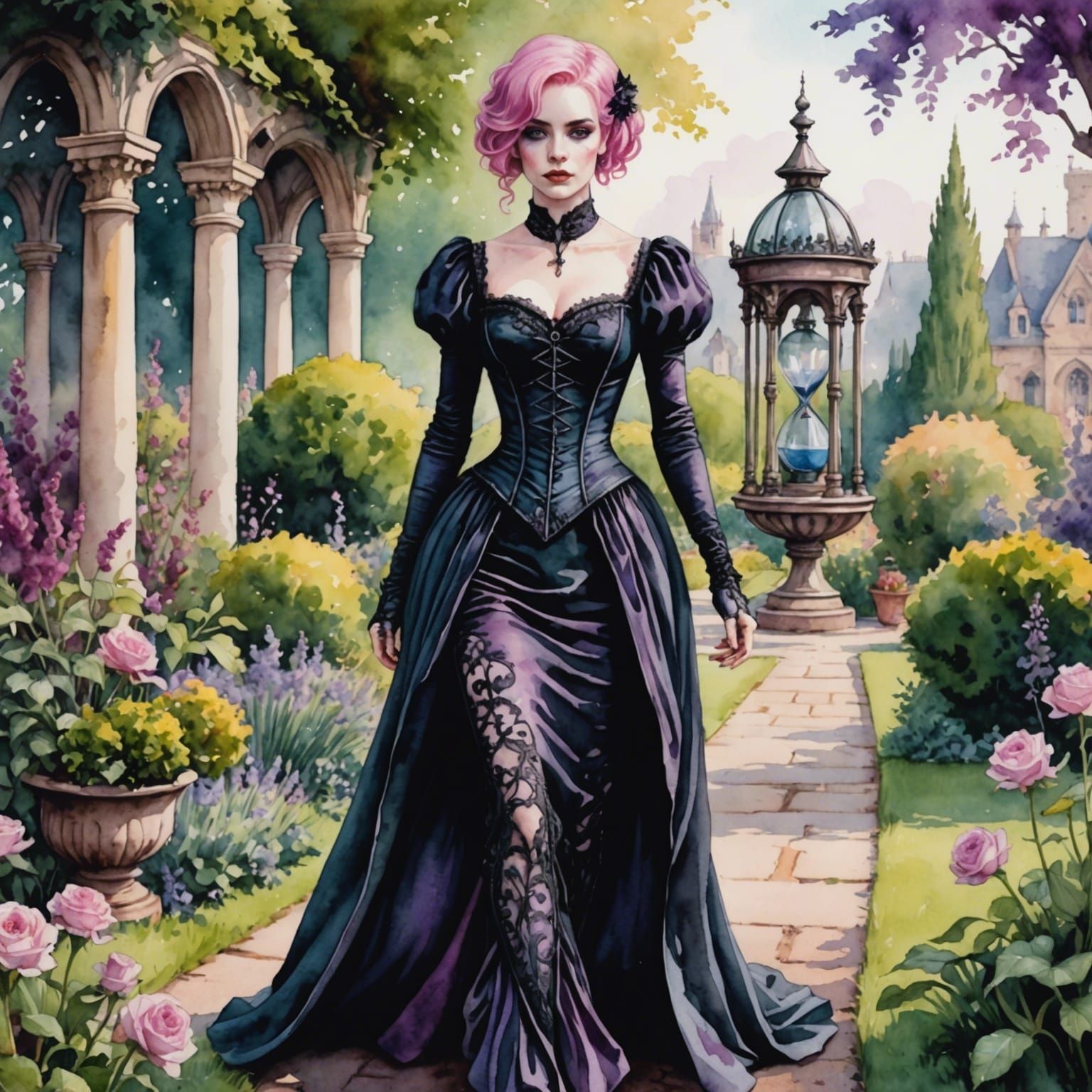 Woman in Gothic Gown Walking Through Garden
