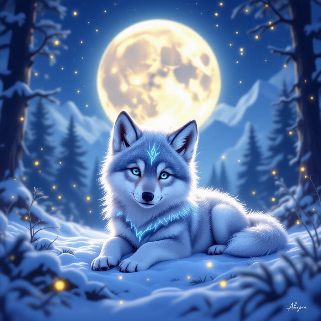 Magical Baby Wolf Under Full Moon in Enchanted Forest