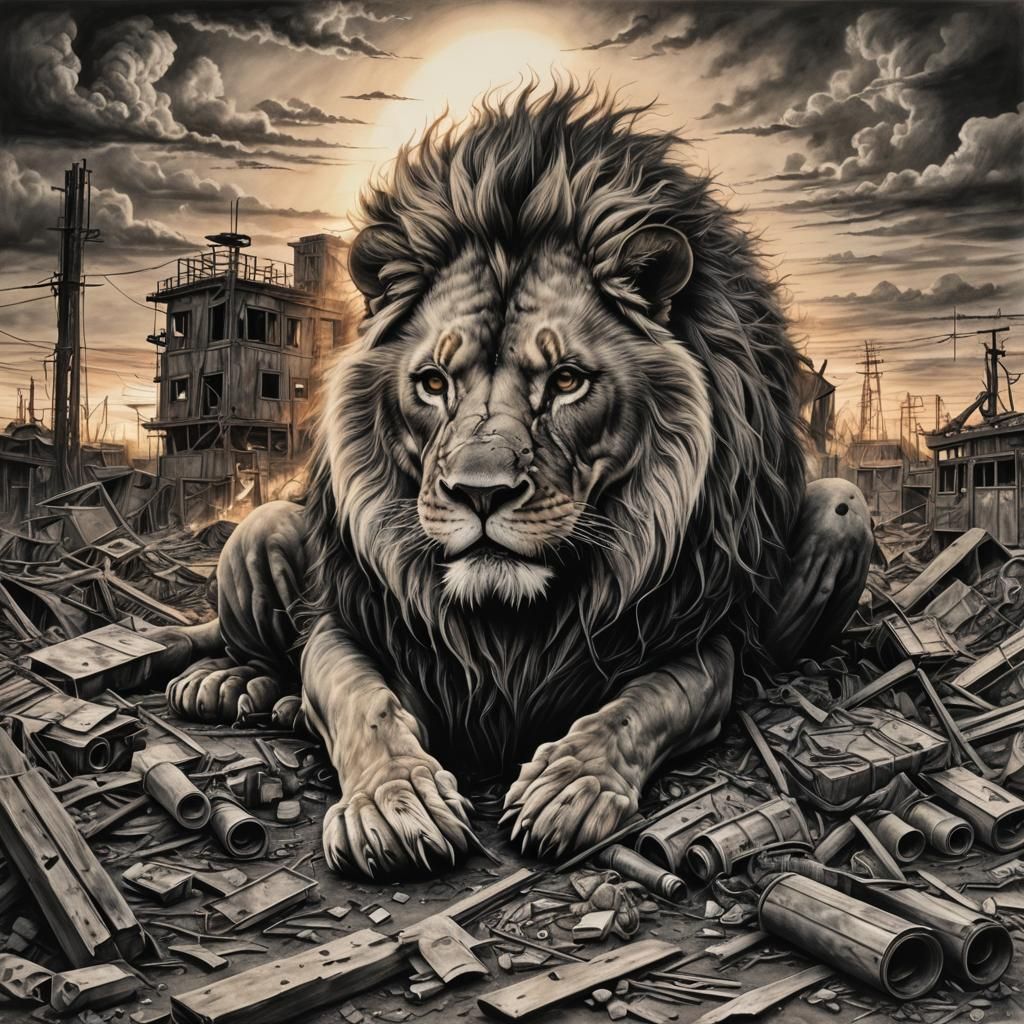 Post-Apocalyptic Junk Lion in Sunset Fire