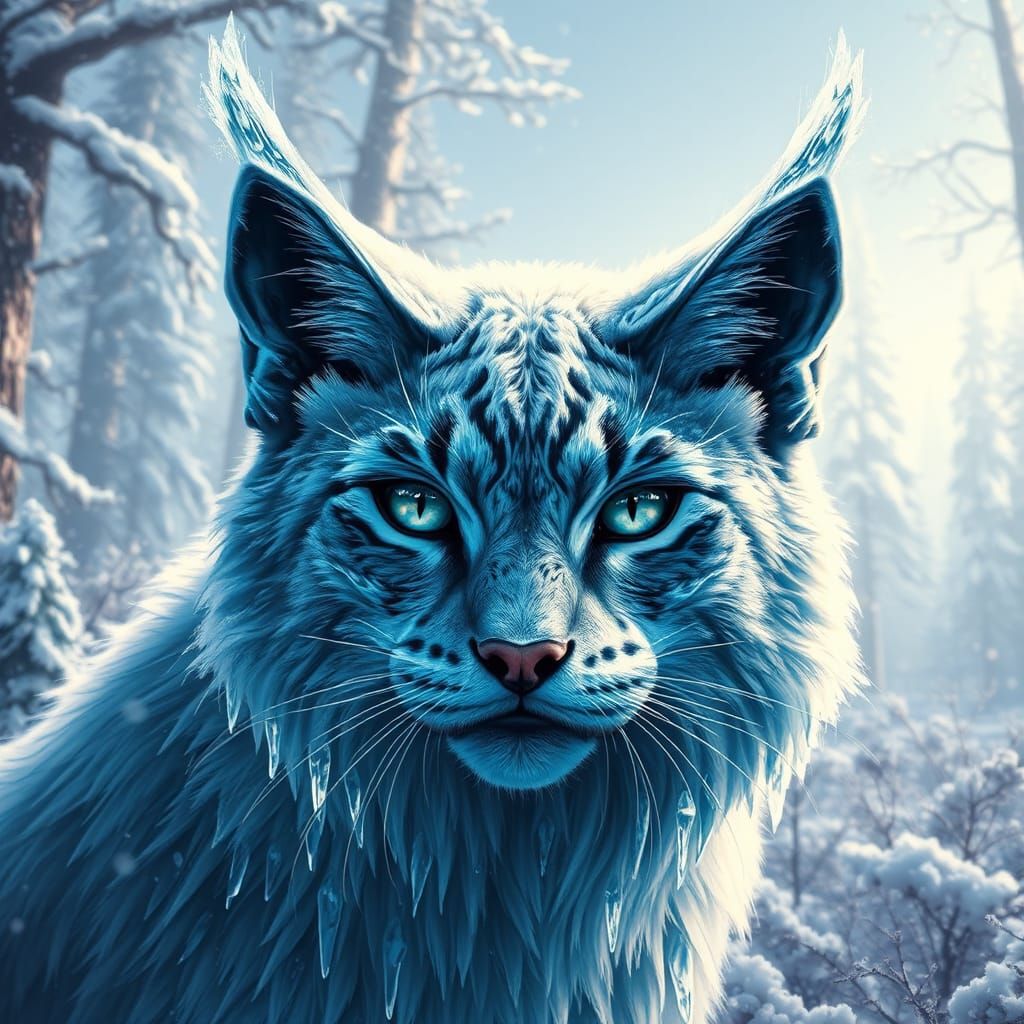 Majestic Ice Cat in Winter Forest, Matte Painting