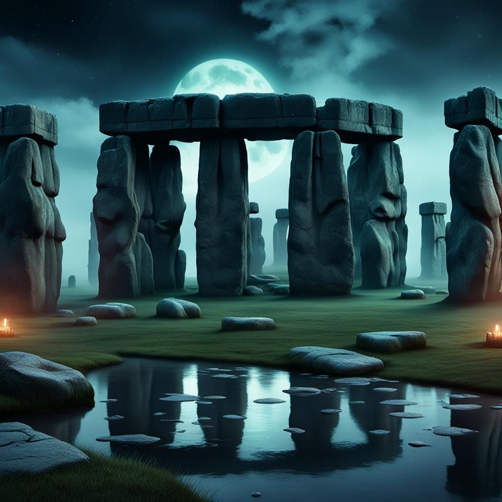 Stonehenge at Night with Ghosts in Dark Fantasy
