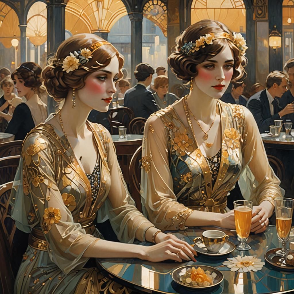 Elegant Art Nouveau Women in Cafe Scene