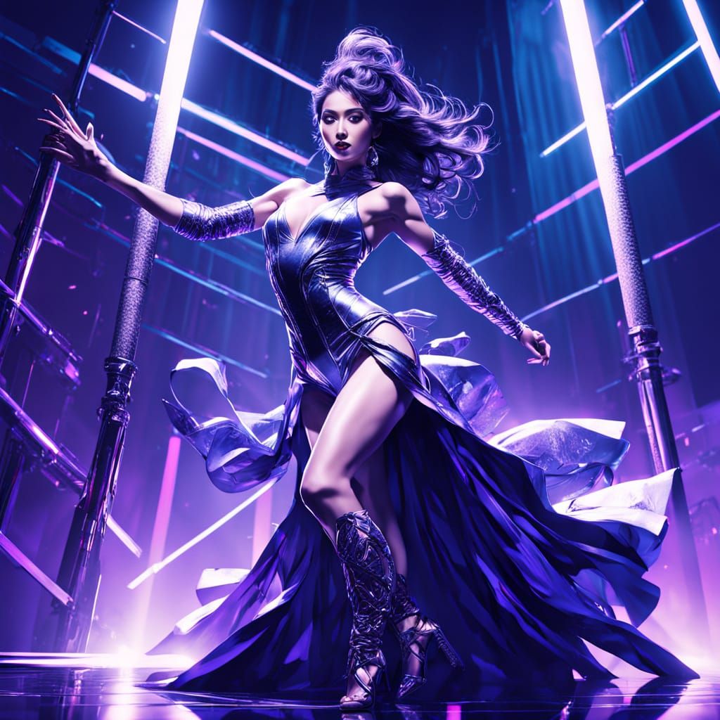 Confident Asian Woman Pole Dances Under Neon Lights