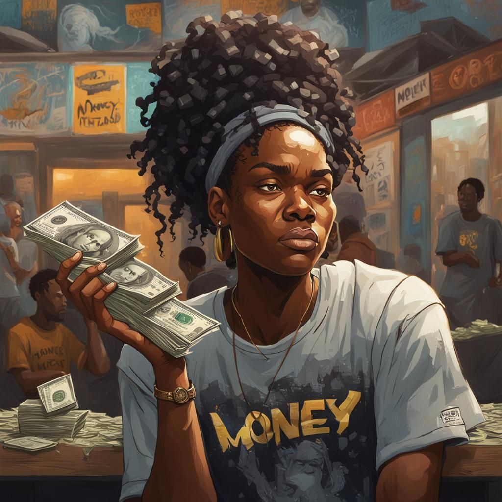 Black Woman Counting Money, Hyperdetailed Portrait