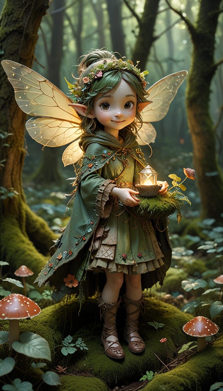 Whimsical Sprite Amidst Ancient Mushroom in Enchanted Forest