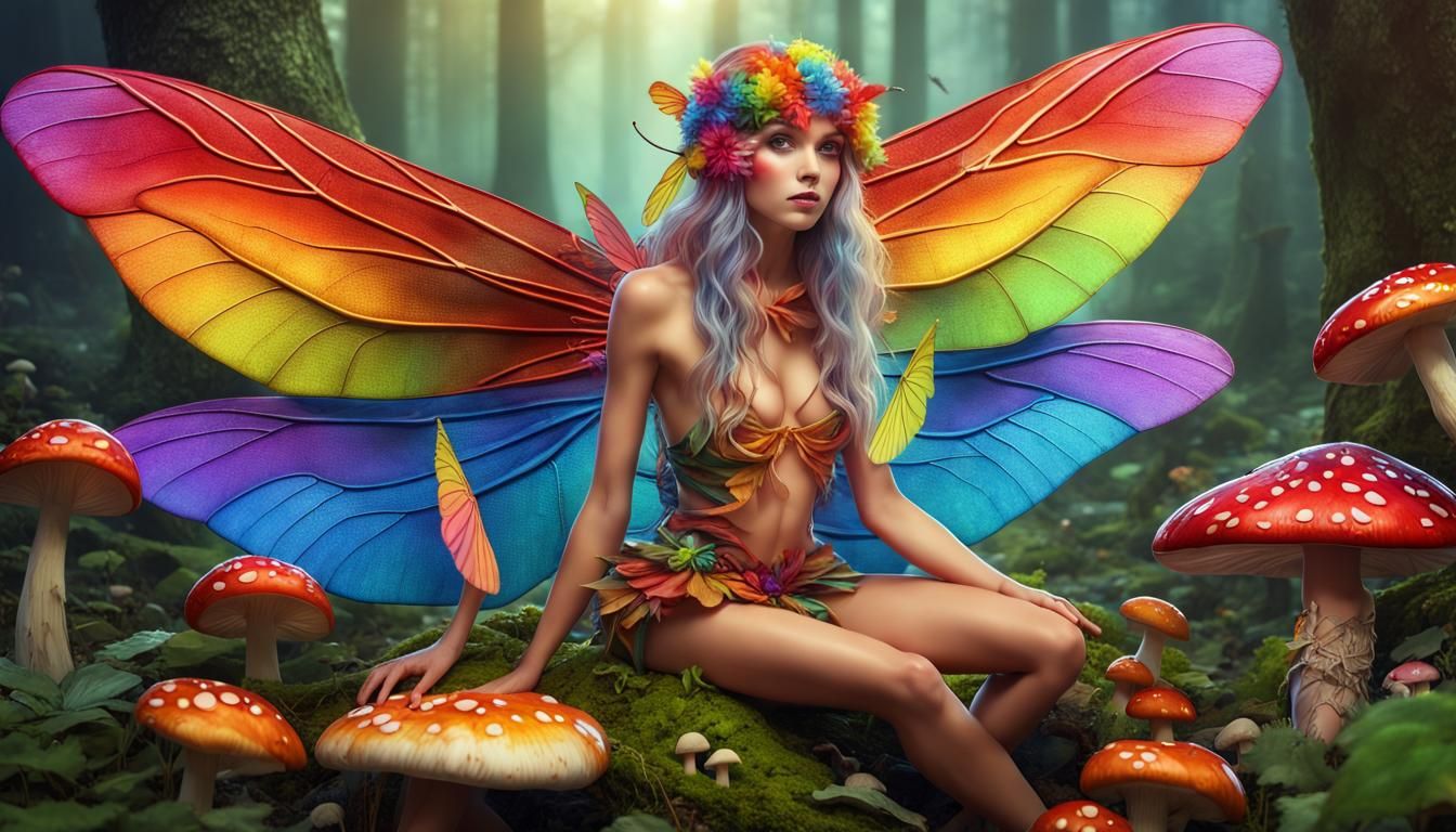Rainbow Winged Fairy in Mushroom Forest