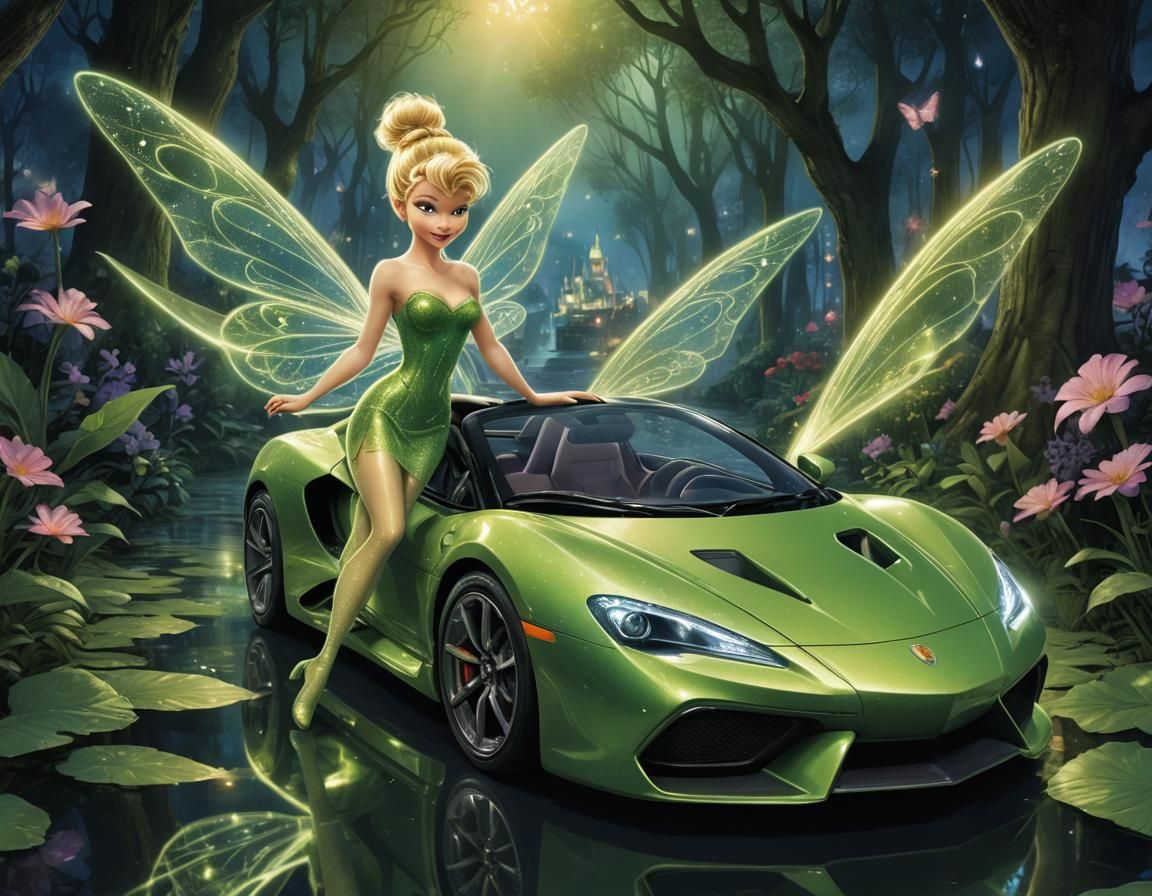 Tinkerbell Sports Car in Neverland City, Synthwave Art