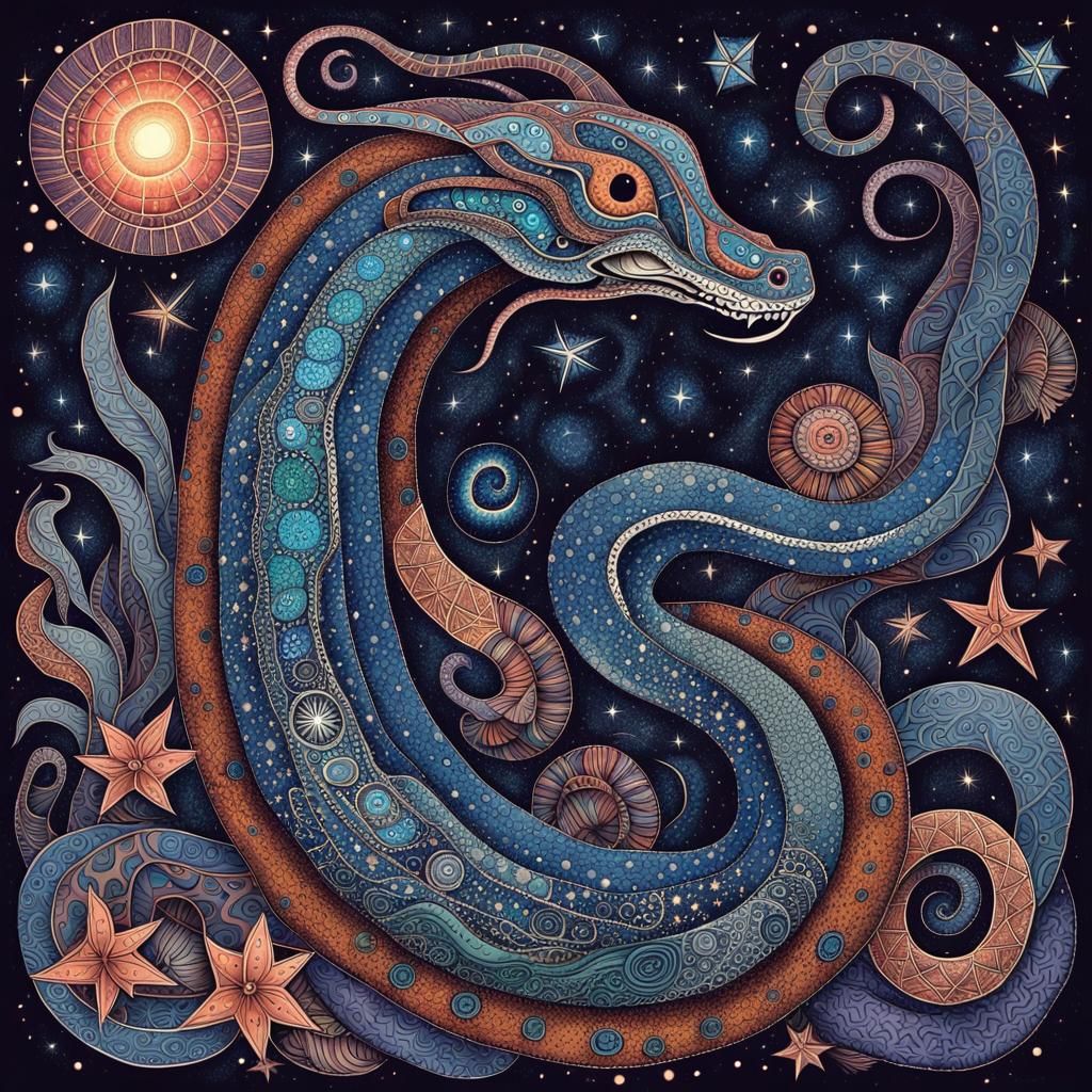 Mystical Aboriginal Serpent with Sparkling Stars