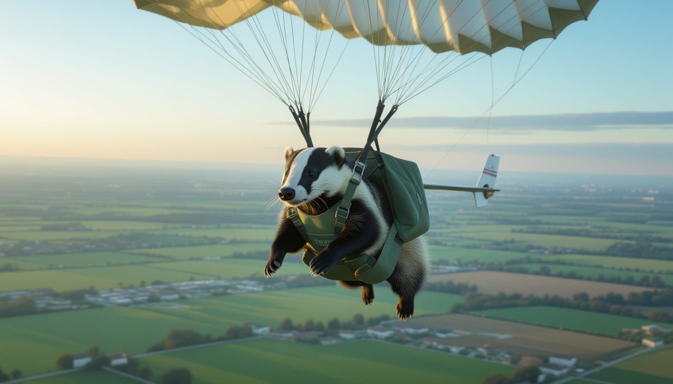 Hyperrealistic Badger Parachuting from Aircraft
