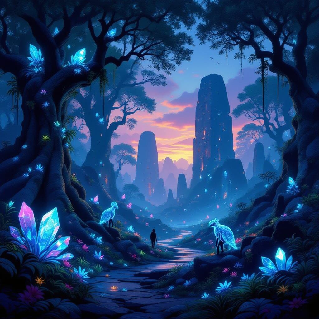 Bioluminescent Forest Twilight with Ancient Structures