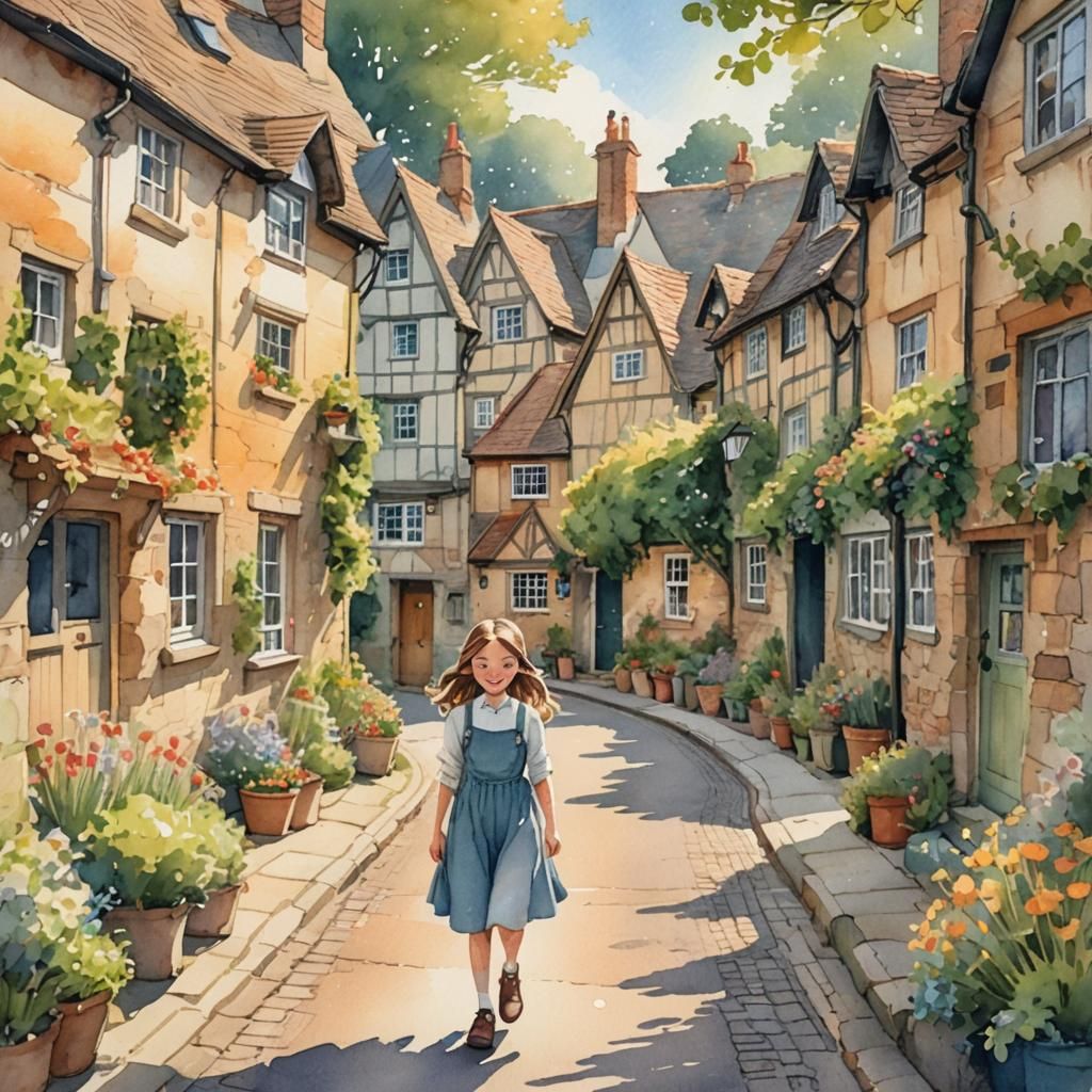 Watercolor of Cheerful Girl in Quaint English Village