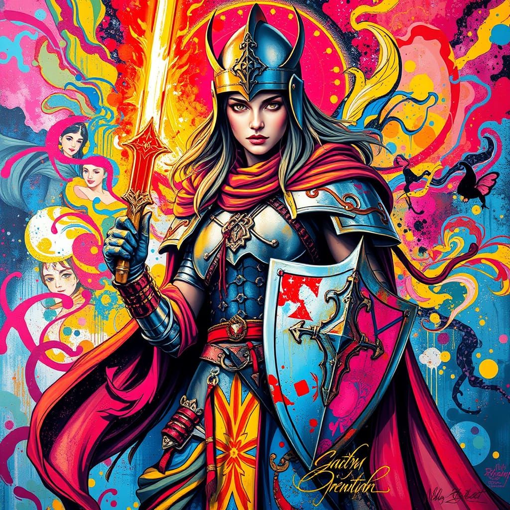 Radiant Lady Templar with Sword in Graffiti Art Style