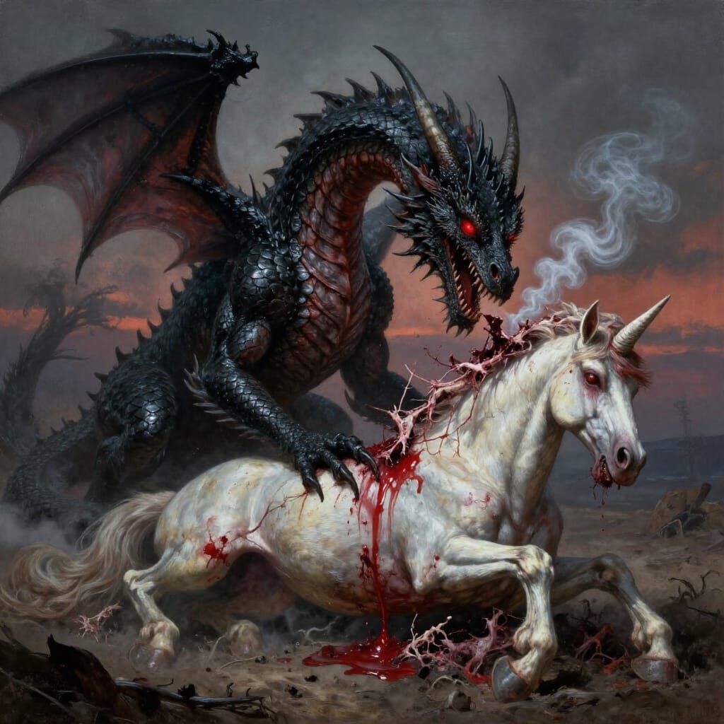 Dark Fantasy Dragon Devours Unicorn in Ash-Strewn Wasteland