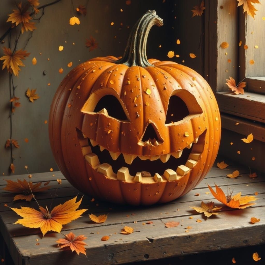 Glowing Pumpkin Lantern in Blended Artistic Styles