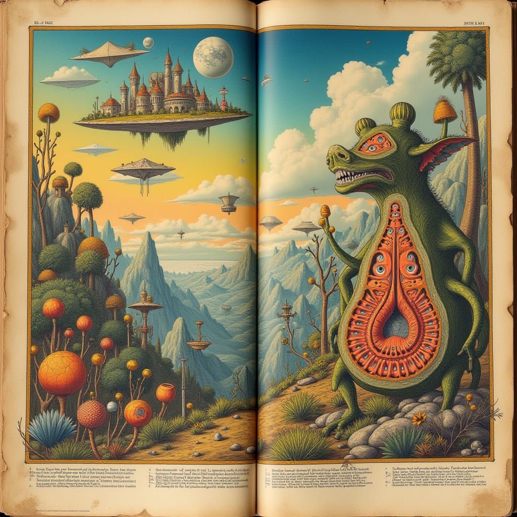 Fantastical Ecosystem in Codex Seraphinianus Style