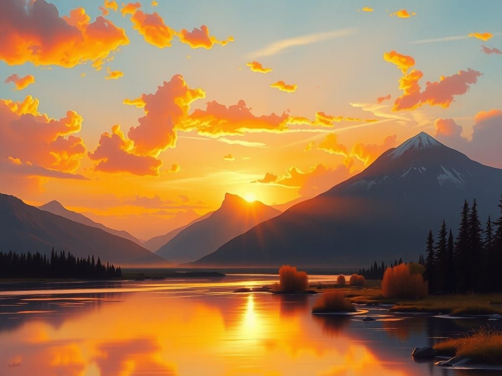 Golden Realist Landscape with Majestic Mountains and Tranqui...