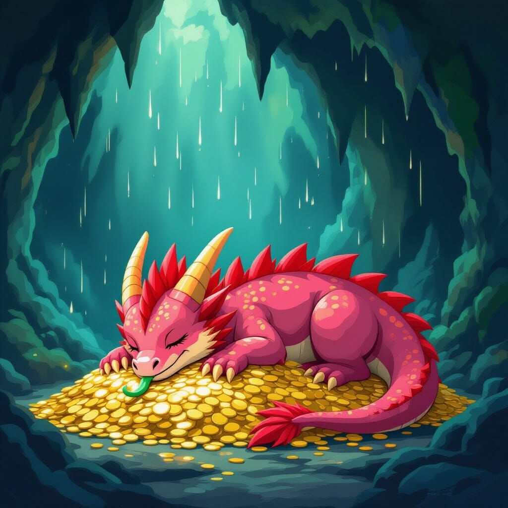Pink Dragon Sleeps on Gold in Whimsical Style