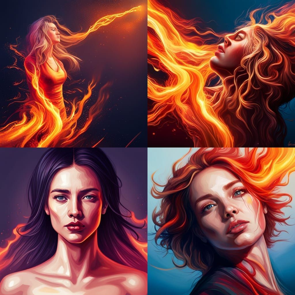 Fiery Woman Portrait in Hyperrealistic Splash Art