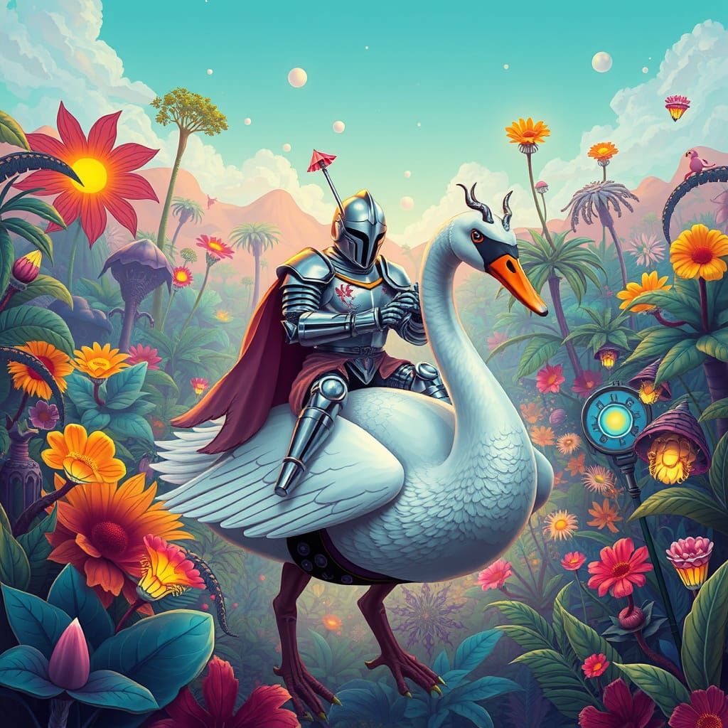 Knight on Biomechanical Swan in Alien Jungle, Retro-Futurist...