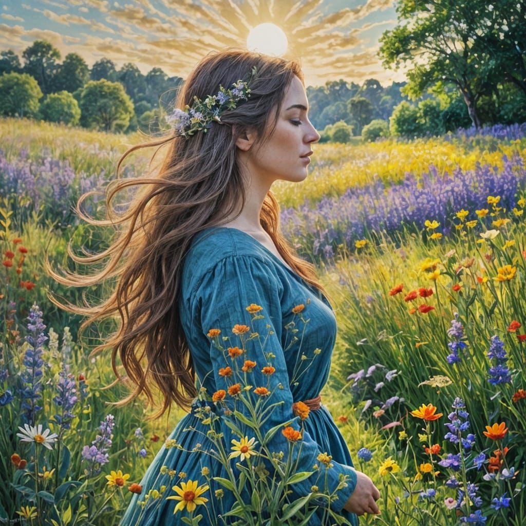 Serene Wildflower Goddess in Vibrant Impressionist Style