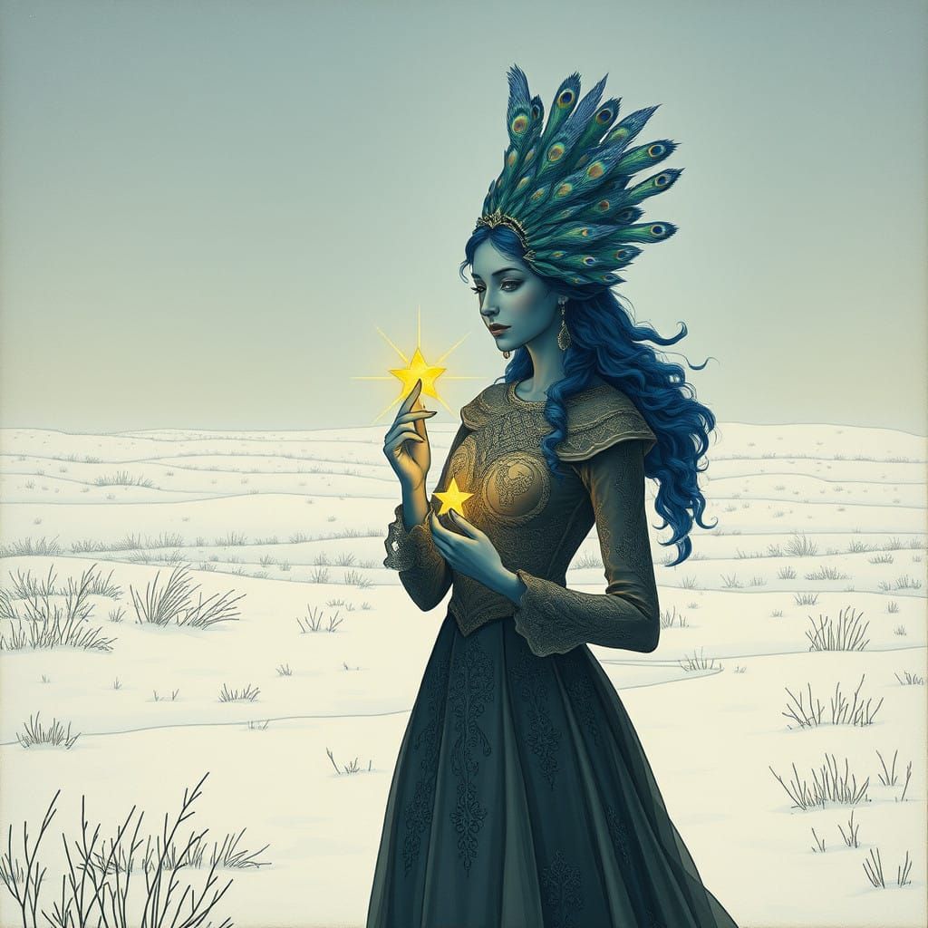 Blue Peacock Woman Amidst Winter Wonderland