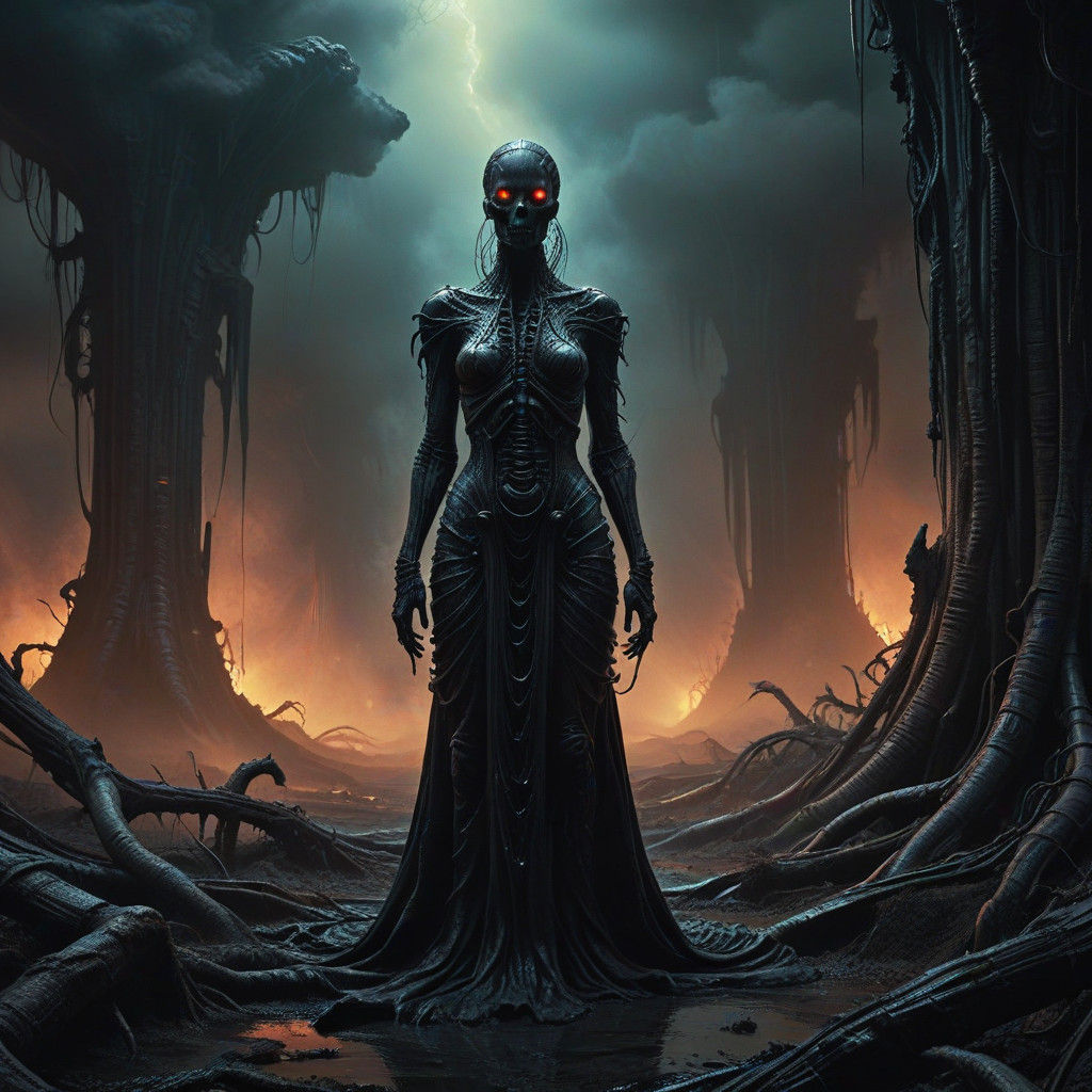 Mysterious Figure in a Twisted, Eerie Landscape