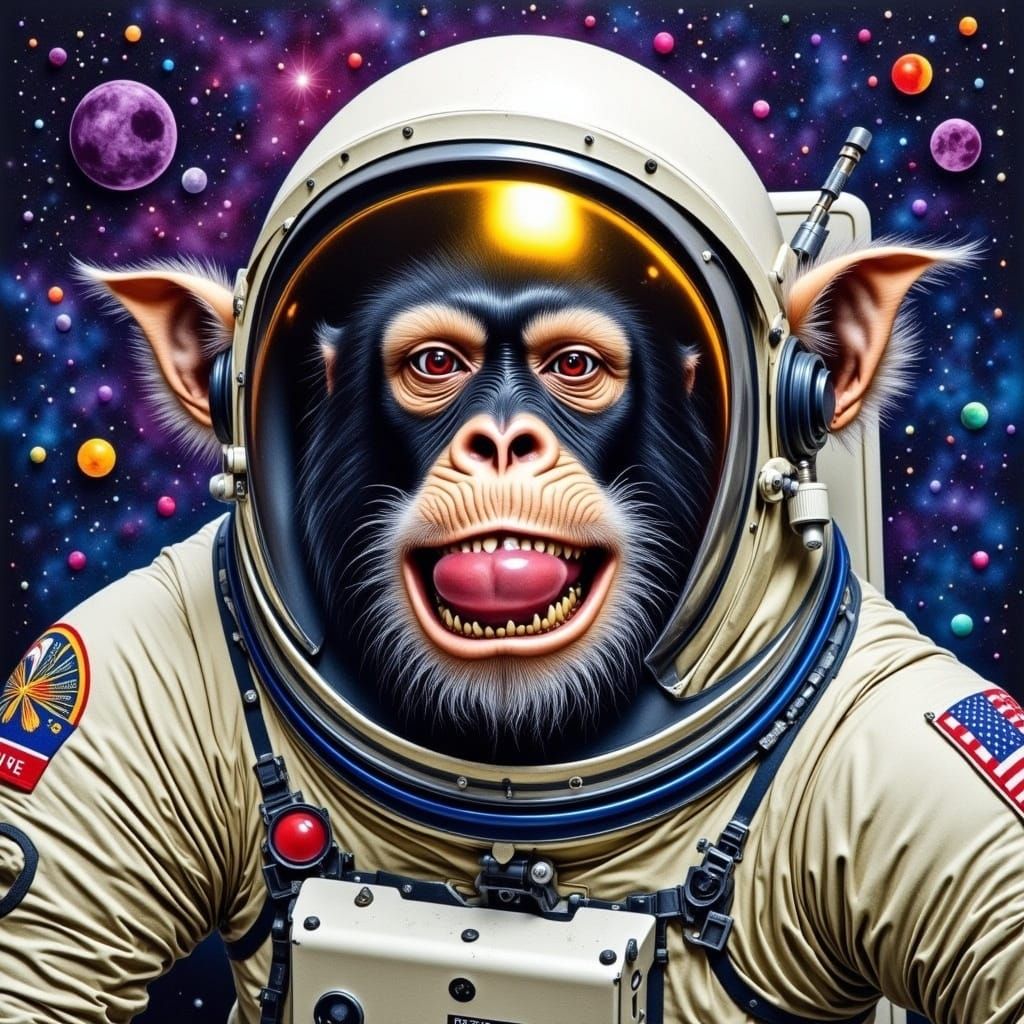 Astronaut Monkey in Space Portrait in Water-Ink Style