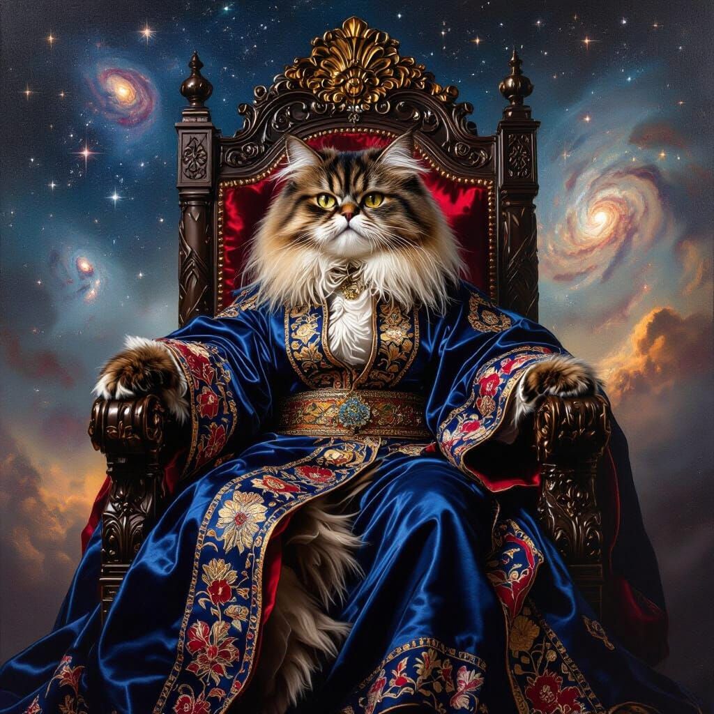 Regal Cat on Throne in Rembrandt Style