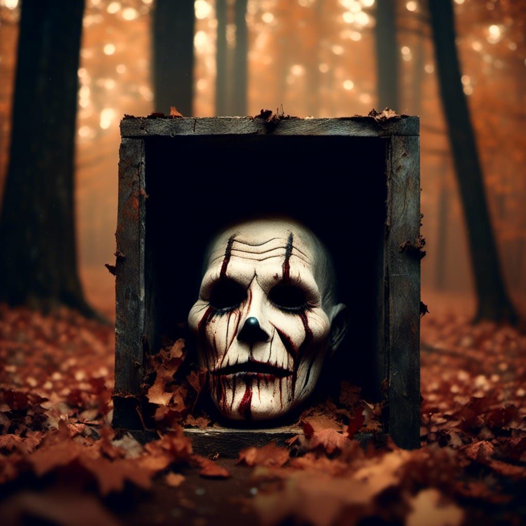 <lora:Macabre:1.0> An old creepy jack in a box. All beaten up and broken.  In the middle of the woods during fall.