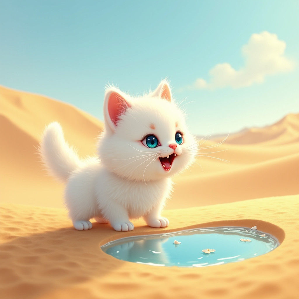 Fluffy White Kitten in Desert Landscape, Digital Art