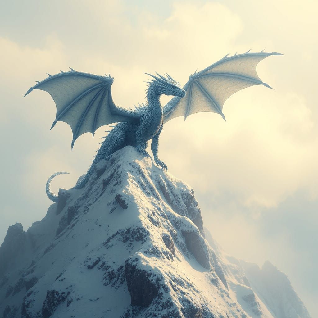 Majestic Winter Dragon in Snowy Mountain Scene