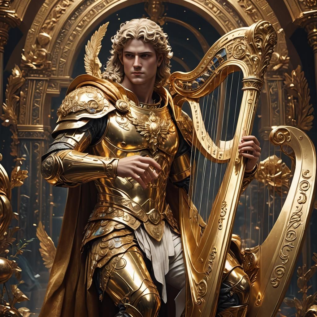 Apollo Makes Music with Harp in Golden Armor, Concept Art