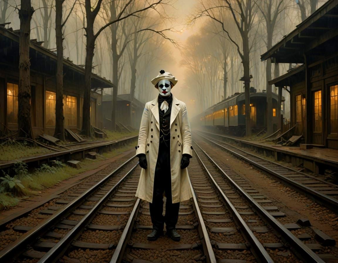 Cyberpunk Forest Railway Scene in Vibrant Oils