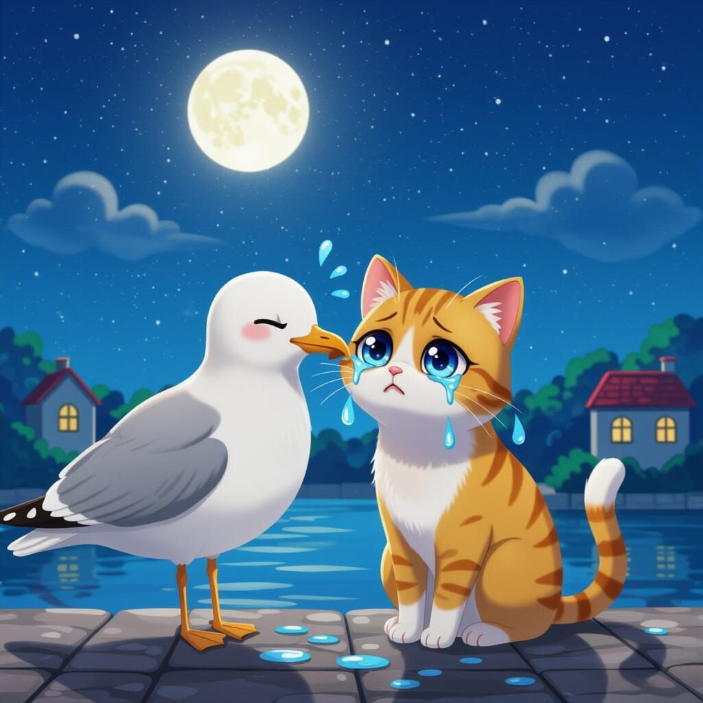 Sad Cat Receives Kiss From Seagull on Ceiling