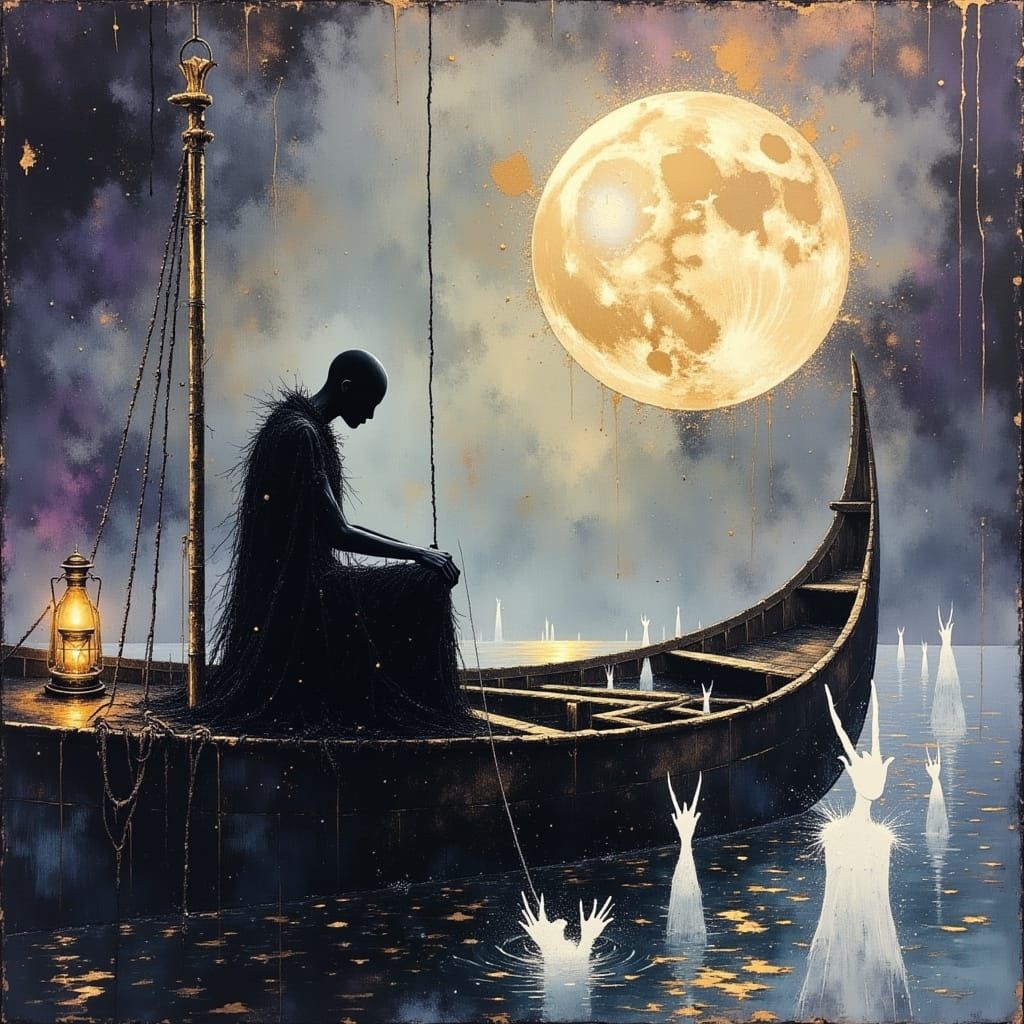 Faceless Soul-Fisher on Viking Drakkar in Dreamscape