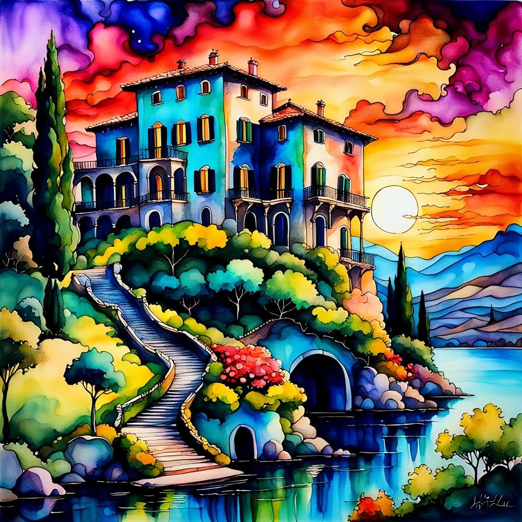 Beautiful Italian Villa Sunset in Alcohol Ink Style