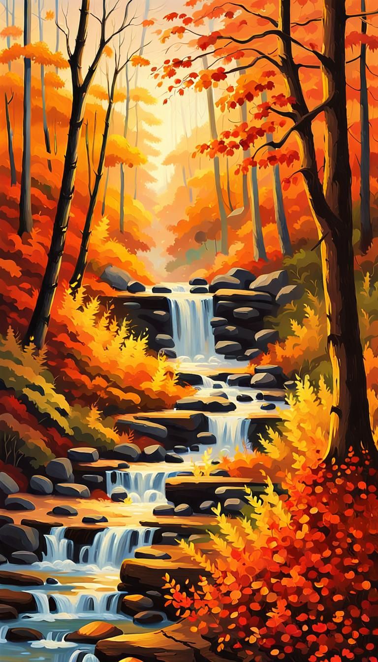 Autumnal Forest Path and Waterfall in Impressionism Style