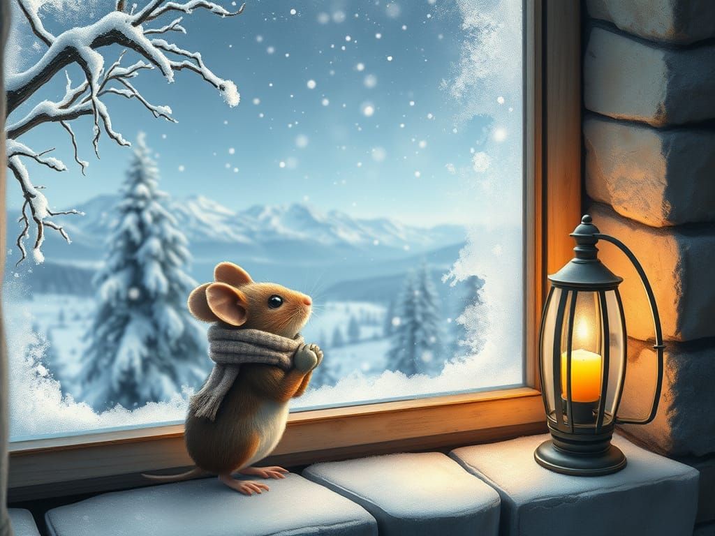 Whimsical Mouse Gazing Longingly at Winter Wonderland