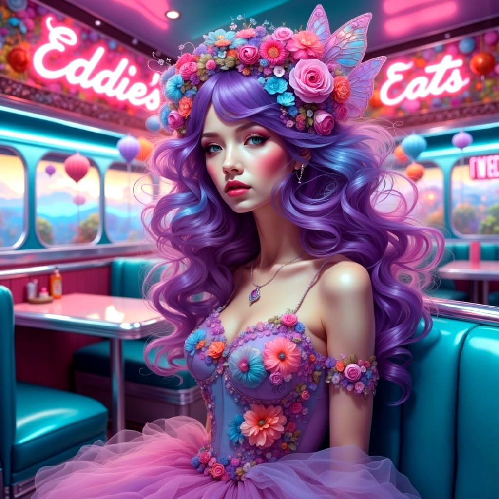 Psychedelic Fairy in Retro Diner, in the Style of Peter Max ...