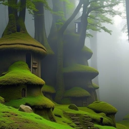 Hyperrealistic Mushroom Village in Misty Forest