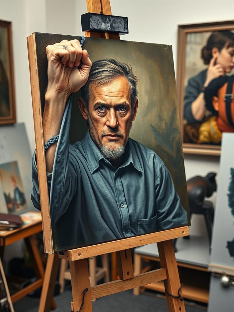 Man Breaks Free from Two-Dimensional World in Surreal Art