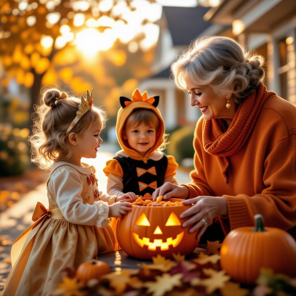 Children in Halloween Costumes Trick-or-Treating