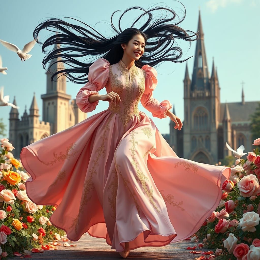 Asian Woman in Rococo Gown Sprinting Past Cathedral