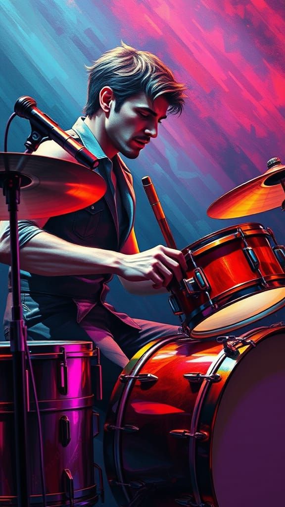 Handsome Male Drummer Beating his Drums in a 60's Rock and R...