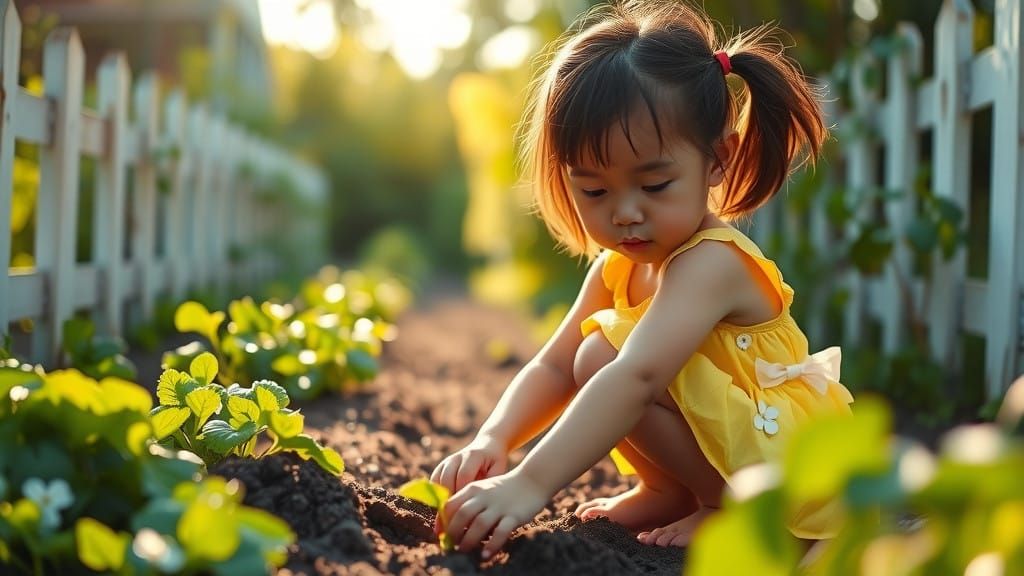Asian Girl in Vintage Garden Setting with Lush Vegetables an...