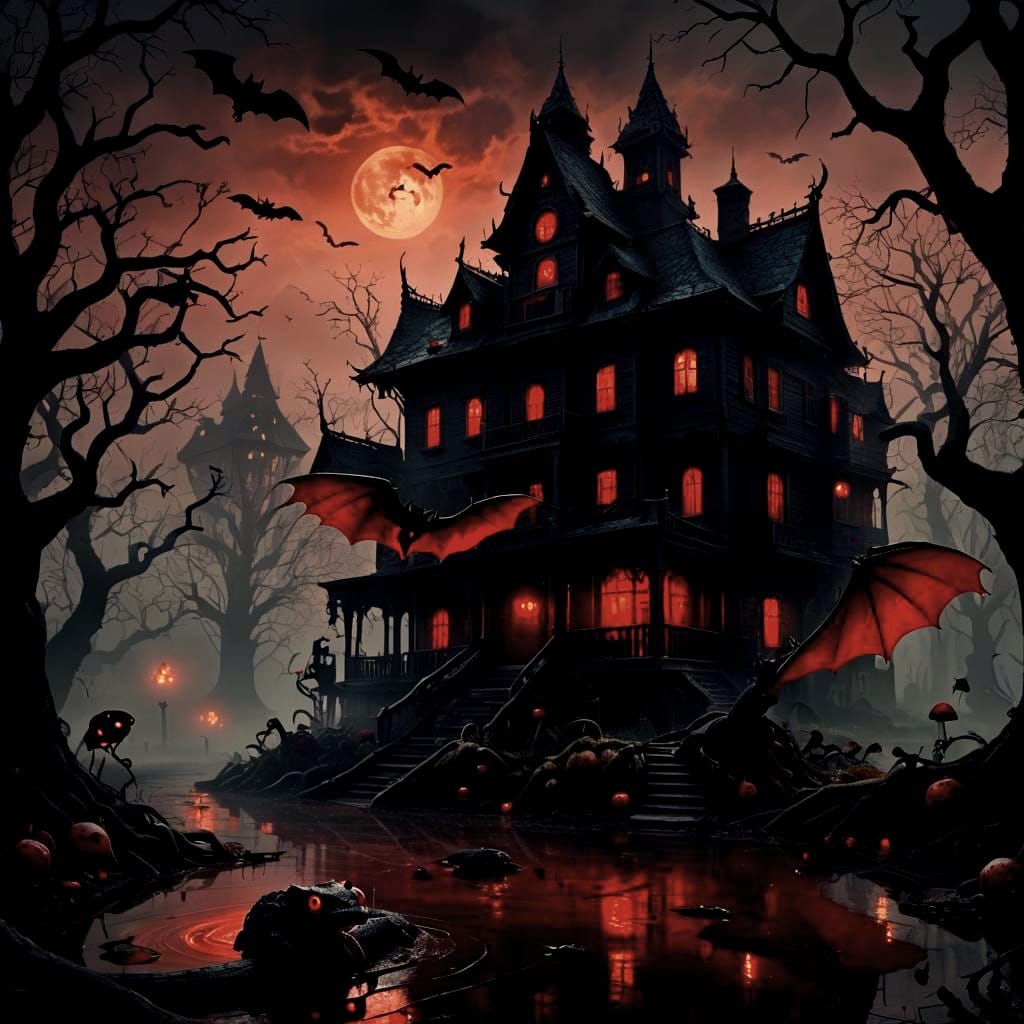 Haunted House with Red-Eyed Creatures in Dark Fantasy Style